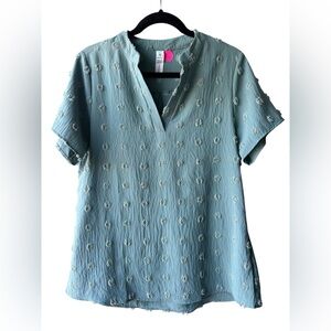 Swiss Fuzzy Dot Teal Blue Short Sleeved Blouse